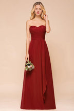 Sweetheart Red Bridesmaid Dress Chiffon Floor-Length Wedding Guest Dress backless