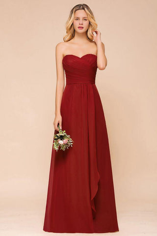 Herzausschnitt Rotes Brautjungfernkleid Chiffon Bodenlang Hochzeitsgastkleid rückenfrei