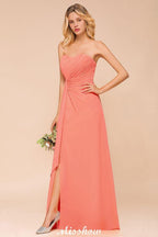 Sweetheart Strapless Ruffle Bridesmaid Dress Chiffon Long Maid of Honor Dress