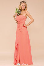Sweetheart Strapless Ruffle Bridesmaid Dress Chiffon Long Maid of Honor Dress