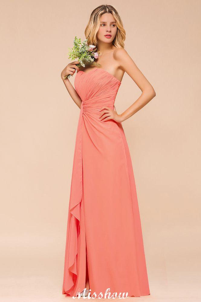 Sweetheart Strapless Ruffle Bridesmaid Dress Chiffon Long Maid of Honor Dress