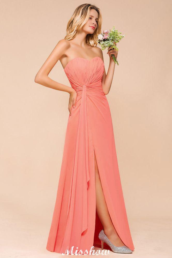Sweetheart Strapless Ruffle Bridesmaid Dress Chiffon Long Maid of Honor Dress