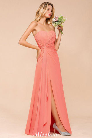 Liebsten Trägerlosen Rüschen Brautjungfer Kleid Chiffon Lange Trauzeugin Kleid