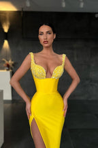 Sweetheart Yellow Mermaid Prom Dress with Slit and Beads