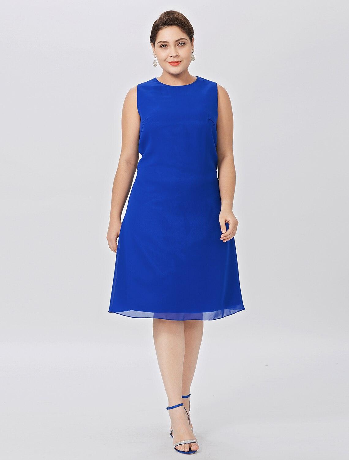 Vestido de mãe da noiva com bainha/coluna, clássico e intemporal, elegante e luxuoso, tamanho grande, decote em joia, comprimento até ao joelho, chiffon, manga curta com cristais, em camadas