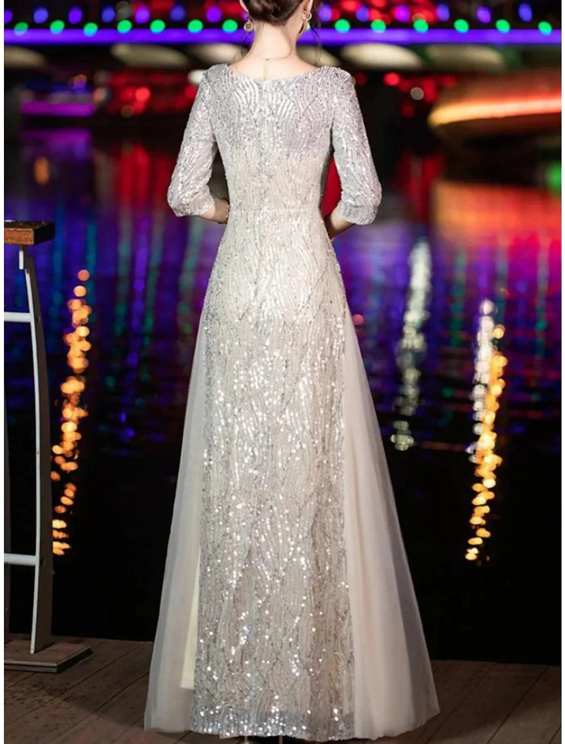 Vestido tubinho/coluna para mãe da noiva, festa de casamento, brilho e cintilante, pequeno, decote redondo, comprimento até ao chão, tule, lantejoulas, meia manga com pregas