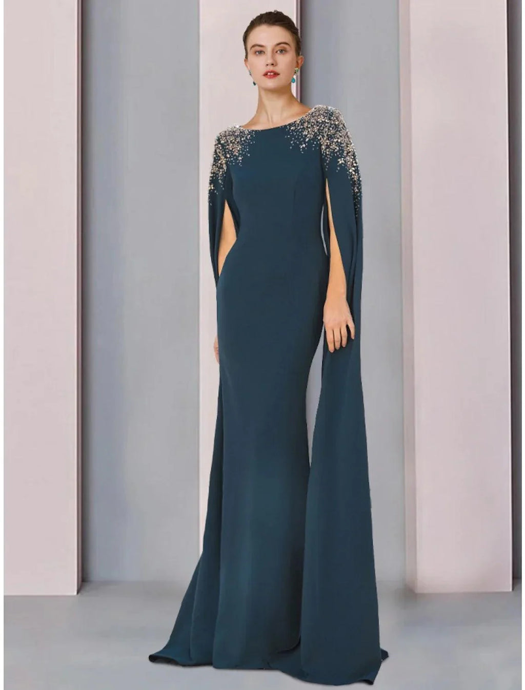 Mermaid / Trumpet Mother of the Bride Dress Wedding Guest Elegant Scoop Neck Sweep / Brush Train Stretch Chiffon Long Sleeve with Sequin Ruching