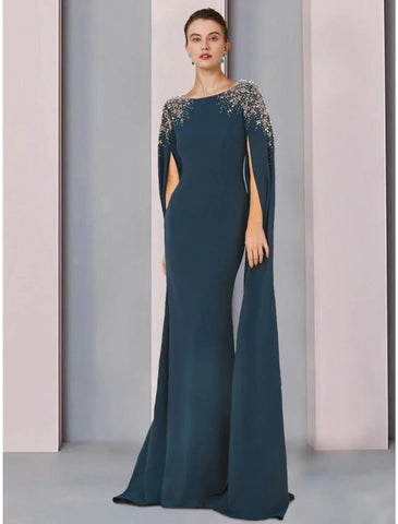 Meerjungfrau/Trompete Kleid für die Brautmutter, Hochzeitsgast, elegant, U-Ausschnitt, Sweep/Pinselzug, Stretch-Chiffon, lange Ärmel mit Paillettenrüschen