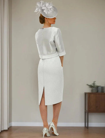 Zweiteiliges, elegantes, knielanges Satin-Polyester-Kleid mit halblangen Ärmeln und kurzen Jacken und Kristallen, Kleid für die Brautmutter