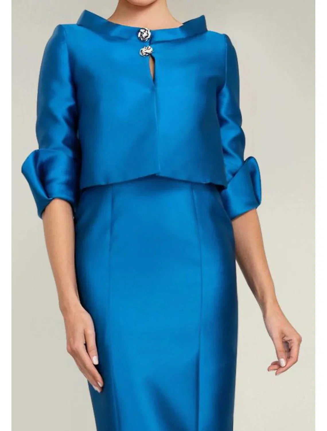 Vestido de mãe da noiva de duas peças, sereia, elegante, com decote em joia, comprimento chá, cetim, meia manga, com botões