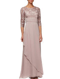 Etuikleid/Säulenkleid für die Brautmutter, Hochzeitsgast, elegant, U-Ausschnitt, knöchellang, Chiffon, Spitze, halbe Ärmel mit Rüschen, einfarbig