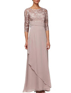 Vestido tubinho/coluna para mãe da noiva, convidada de casamento, elegante, decote redondo, comprimento até ao tornozelo, chiffon, renda, meia manga com franzido, cor sólida