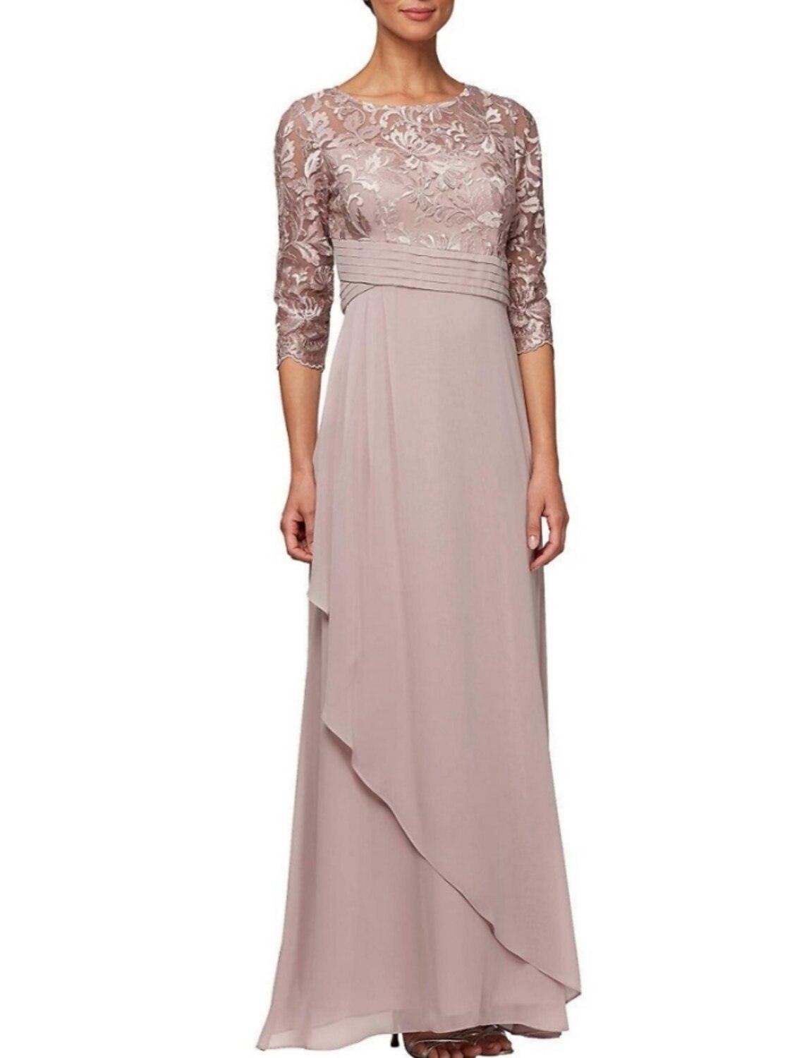 Vestido tubinho/coluna para mãe da noiva, convidada de casamento, elegante, decote redondo, comprimento até ao tornozelo, chiffon, renda, meia manga com franzido, cor sólida