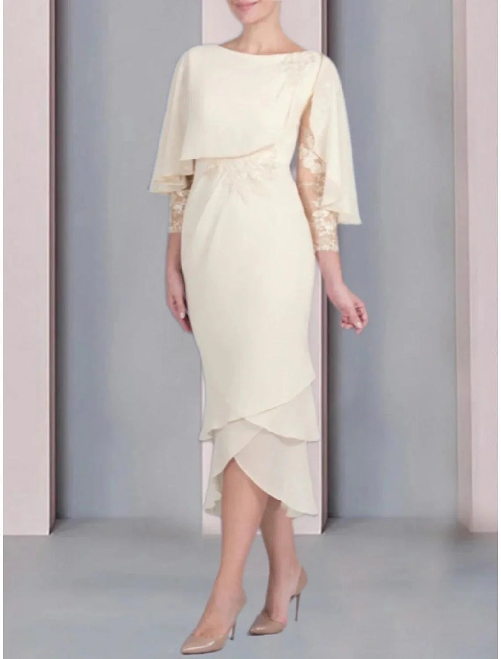 Etuikleid/Säulenkleid für die Brautmutter, Hochzeitsgast, elegant, zierlich, U-Ausschnitt, knielang, Chiffon, 3/4-Ärmel mit Spitzenapplikationen