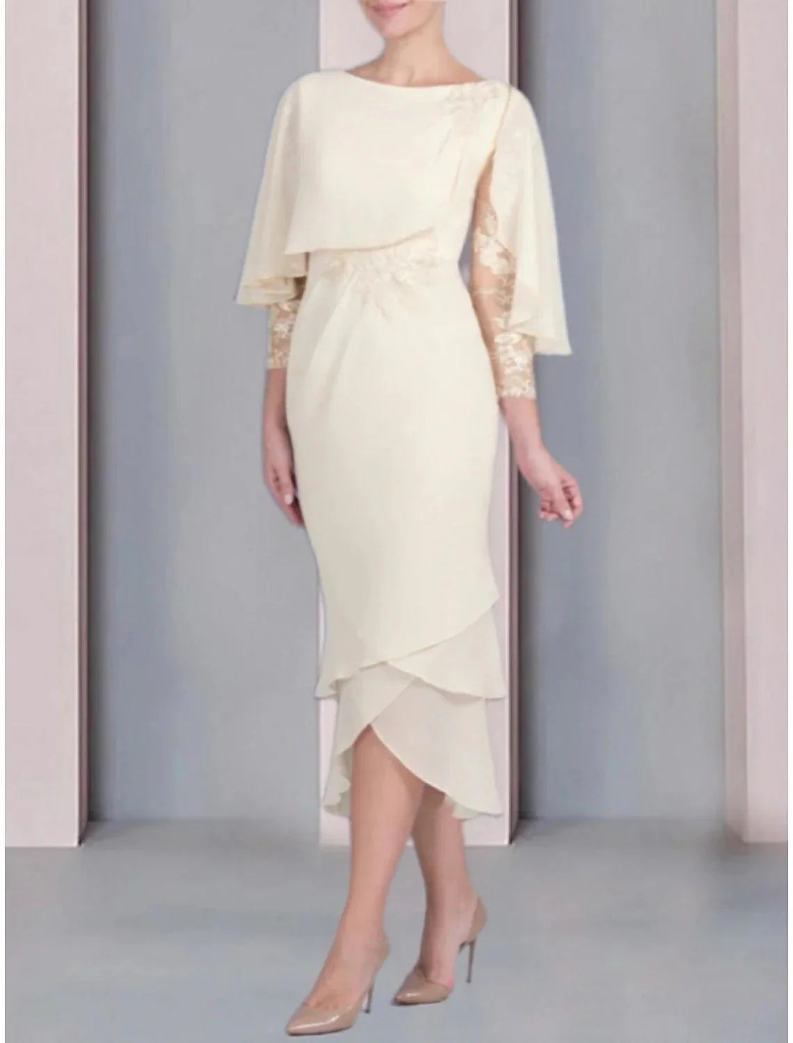 Vestido tubinho/coluna para mãe da noiva, convidada de casamento, elegante, pequeno, decote redondo, comprimento chá, chiffon, manga 3/4 com aplicações de renda