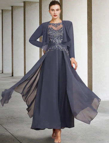 Zweiteiliges A-Linien-Kleid in Übergröße für die Brautmutter, Hochzeitsgast, eleganter Rundhalsausschnitt, knöchellang, Chiffon-Spitze, kurze Ärmel, Herbstwickel inklusive gerüschter Applikationen