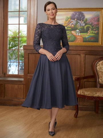 Kleider für die Brautmutter A-Linie Prinzessin Chiffon Spitze 3/4 Ärmel Wadenlang