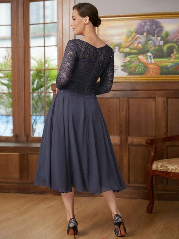 Kleider für die Brautmutter A-Linie Prinzessin Chiffon Spitze 3/4 Ärmel Wadenlang