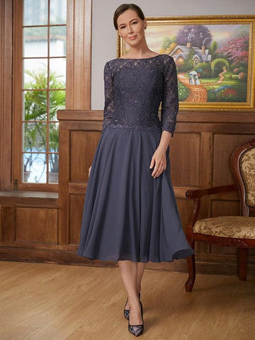 Kleider für die Brautmutter A-Linie Prinzessin Chiffon Spitze 3/4 Ärmel Wadenlang