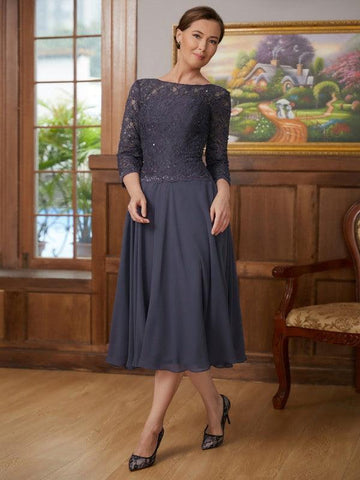 Kleider für die Brautmutter A-Linie Prinzessin Chiffon Spitze 3/4 Ärmel Wadenlang