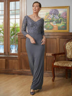 Kleider für die Brautmutter Etuikleid Säule Jersey Spitze V-Ausschnitt 3/4 Ärmel Bodenlang