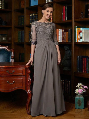 Kleider für die Brautmutter A-Linie Prinzessin Chiffon Applikationen U-Ausschnitt 3/4 Ärmel Bodenlang