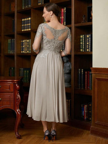 Kleider für die Brautmutter A-Linie Prinzessin Chiffon Spitze 3/4 Ärmel Wadenlang
