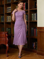 Etui-Linie/Säule Chiffon Applikationen U-Ausschnitt Kurze Ärmel Wadenlang Kleider für die Brautmutter