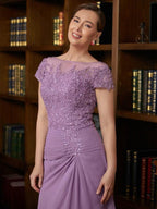 Etui-Linie/Säule Chiffon Applikationen U-Ausschnitt Kurze Ärmel Wadenlang Kleider für die Brautmutter