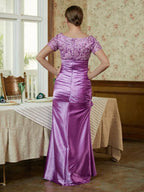 Vestidos para mãe da noiva com aplicações de cetim elástico, decote em V, manga curta, comprimento até ao chão