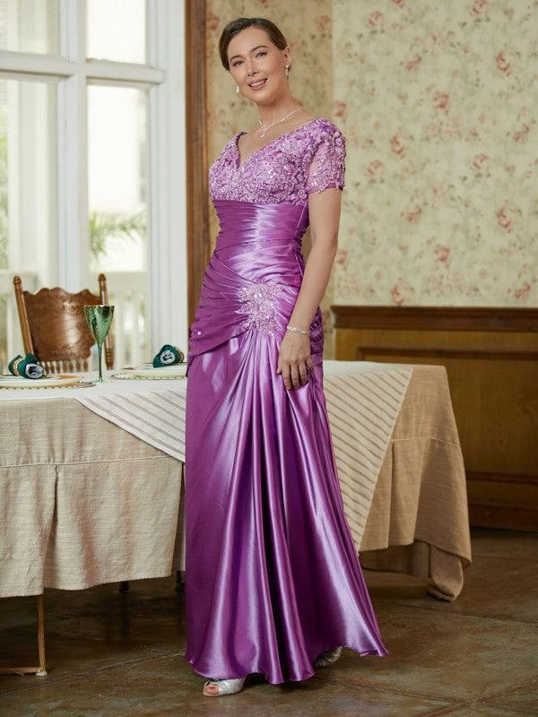 Vestidos para mãe da noiva com aplicações de cetim elástico, decote em V, manga curta, comprimento até ao chão