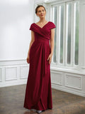 Abito da Sposa per la Madre con Scollo a V, Maniche Corte, Fessurato, Lungo fino al Pavimento, in Maglia Colonnata con Piechettature