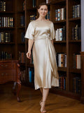 Abito da Sposa per la Madre della Sposa in Satin Tessuto a Maglia Elastico con Scollo a Cuore, Maniche Corte, Fianchi Drappeggiati e Lunghezza Tè