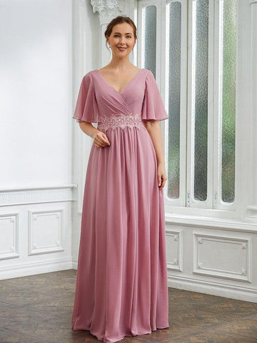 Kleider für die Brautmutter A-Linie Chiffon Gerüscht V-Ausschnitt 1/2 Ärmel Bodenlang