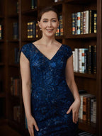 Vestidos para Mãe da Noiva Bainha Coluna Tule Apliques Decote em V Manga Curta Longo