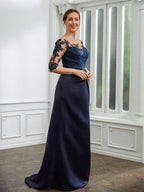 Vestidos para mãe da noiva com aplicações em cetim e bainha/coluna, mangas 1/2, cauda longa/escova