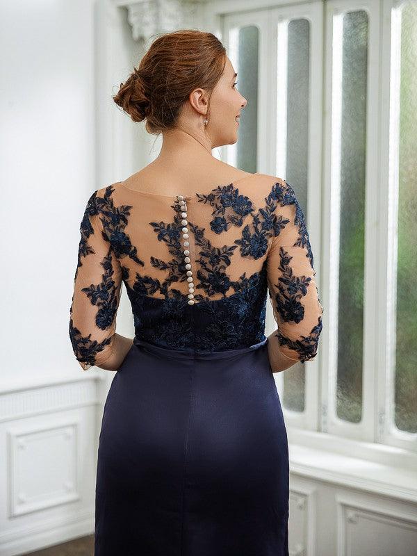 Vestidos para Mãe da Noiva Bainha Coluna Cetim Apliques Mangas 1/2