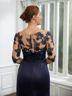 Vestidos para Mãe da Noiva Bainha Coluna Cetim Apliques Mangas 1/2