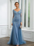 Abito da Sposa per la Madre con Treno Spazzolato/Sweep in Tulle con Scollo a V, Maniche Lunghe, Applique, Foderino/Colonna