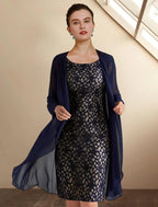 Zweiteiliges Etuikleid/Säulenkleid für die Brautmutter, elegantes Kleid mit Rundhalsausschnitt, knielang, Chiffon, Spitze, kurze Ärmel, Jackenkleider mit Applikationen