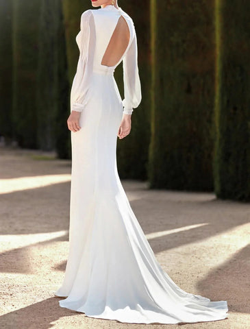 Hall Open Back Royal Style Formelle Herbst-Brautkleider Etui/Säule V-Ausschnitt Langarm Hofschleppe Stretch-Stoff Brautkleider mit geteilter Vorderseite Volltonfarbe