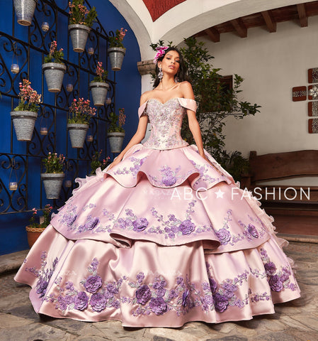 Zweiteiliges Quinceanera-Kleid mit Stufen und Blumenmuster von Ragazza M47-147