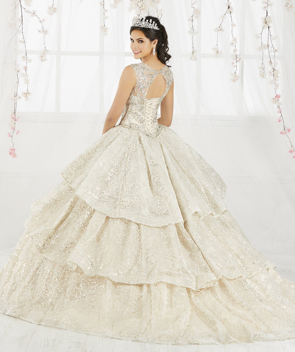 Tiered Metallic Illusion Quinceanera Dress by House of Wu 26910