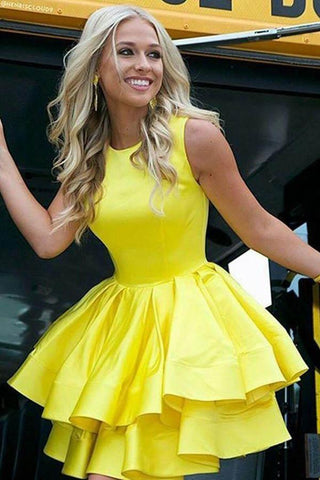 Gelbes Homecoming-Kleid mit Stufenrock, kurzes Ballkleid aus Satin, PD372