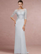 Sheath / Column Mother of the Bride Dress Wedding Guest Vintage Elegant Scoop Neck Sweep / Brush Train Chiffon Lace Half Sleeve with Sequin