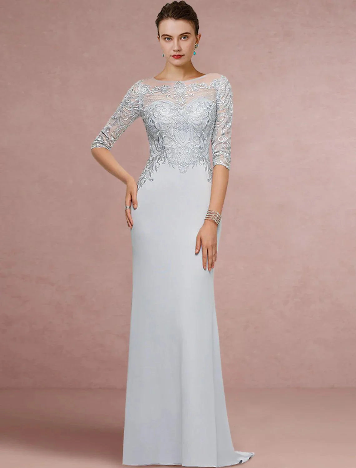 Vestido tubinho/coluna para mãe da noiva, convidada de casamento, vintage, elegante, decote redondo, cauda longa/escova, chiffon, renda, meia manga com lantejoulas