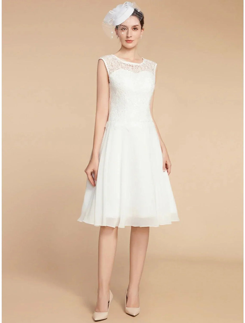 Vestido de mãe da noiva em duas peças, corte A, elegante, pequeno, decote em joia, comprimento até ao joelho, chiffon, renda, manga 3/4 com pregas, cor sólida