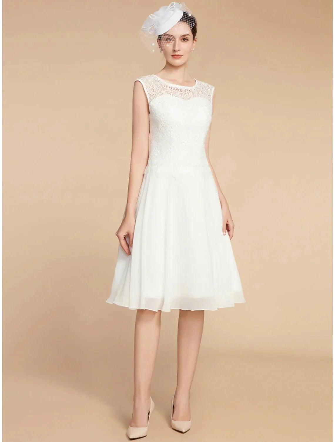 Vestido de mãe da noiva em duas peças, corte A, elegante, pequeno, decote em joia, comprimento até ao joelho, chiffon, renda, manga 3/4 com pregas, cor sólida