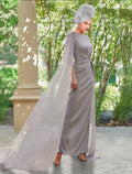Etuikleid/Säulenkleid für die Brautmutter, formelle Party, elegant, U-Ausschnitt, knöchellang, Chiffon, lange Ärmel mit Applikationen, geschlitzte Vorderseite, Rüschen