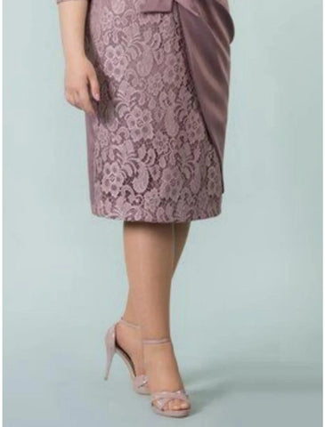 Kleider für die Brautmutter, Übergröße, geschwungen, Bauch verbergen, Hochzeitsgast, Party, elegant, quadratischer Ausschnitt, knielang, Spitze, Kunstseide, 3/4-Ärmel mit Schleife(n)